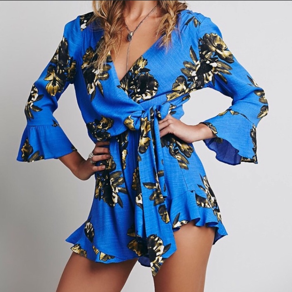 Free People Blue Floral Tie Front Romper